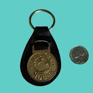 Vintage Mickey Mouse Disney Keychain Brass and Leather Fob